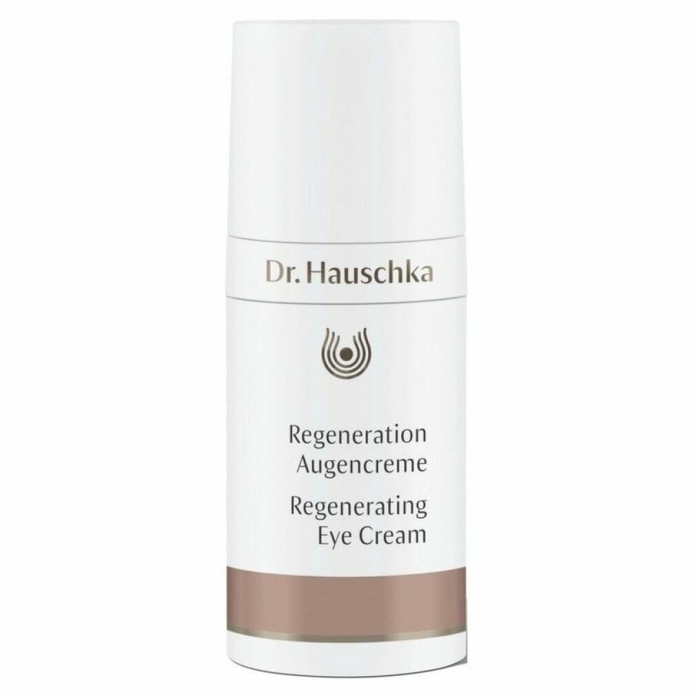 Weiße Tube mit braunem Streifen. Beschriftung: Dr. Hauschka, Regeneration Augencreme, Regenerating Eye Cream.