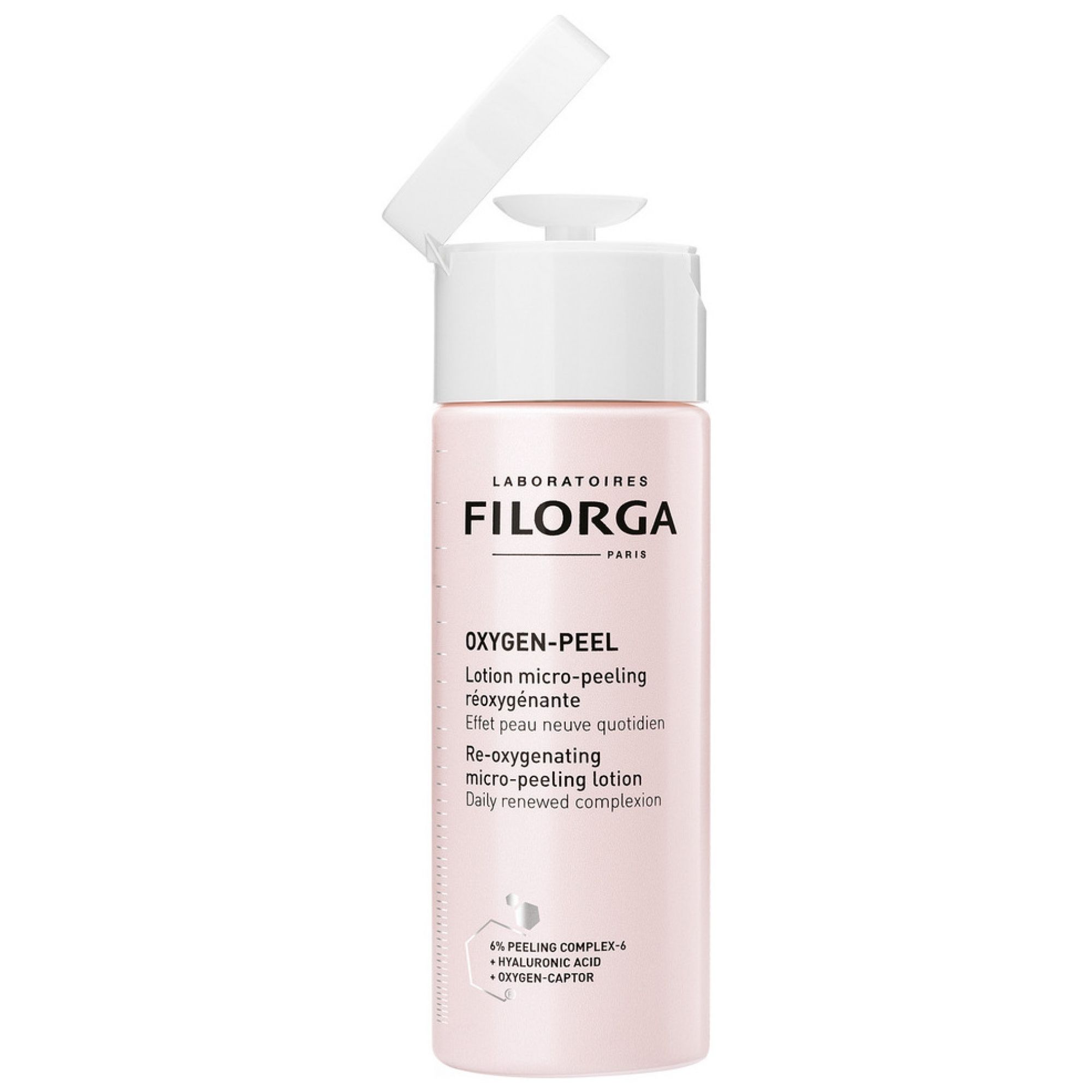 Filorga Oxygen-Peel Lotion micro-peeling réoxygénante in einer hellrosa Flasche mit geöffnetem weißem Klappdeckel.