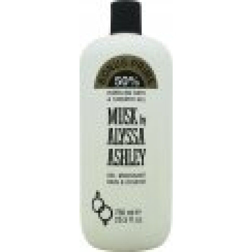 Weißes Duschgel von Alyssa Ashley. Schwarzer Deckel. Aufschrift: Musk by Alyssa Ashley, Gel moussant bain & douche. 750 ml.