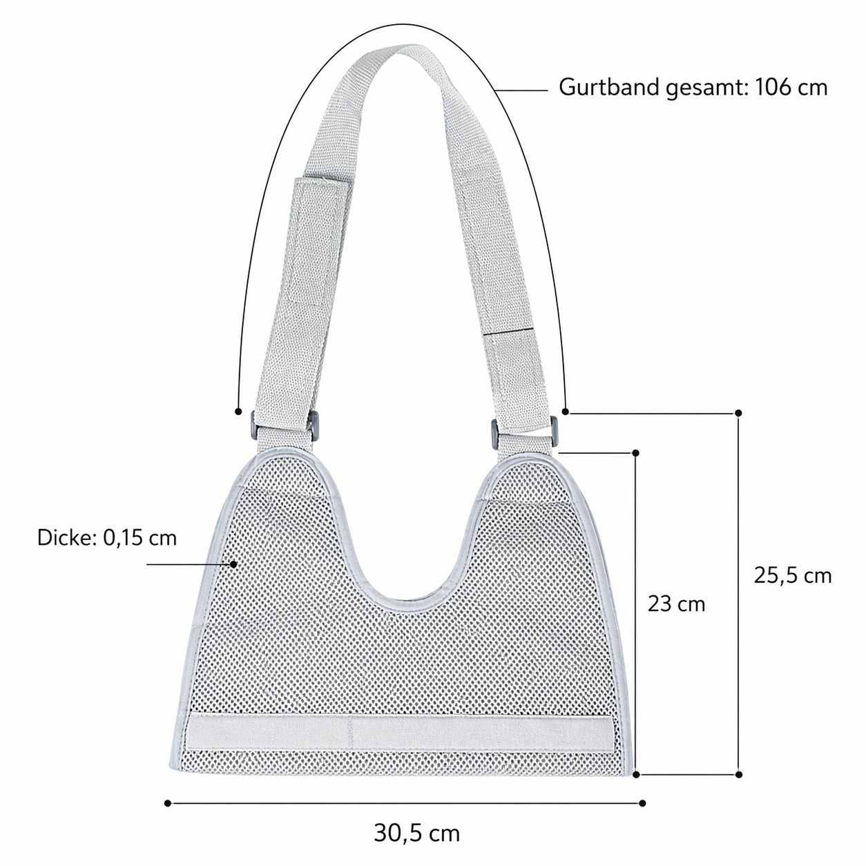 Graue Armschlinge mit atmungsaktivem Netzmaterial. Maße: 30,5 cm breit, 25,5 cm hoch, 0,15 cm dick. Gurtband 106 cm. Verstellbar.