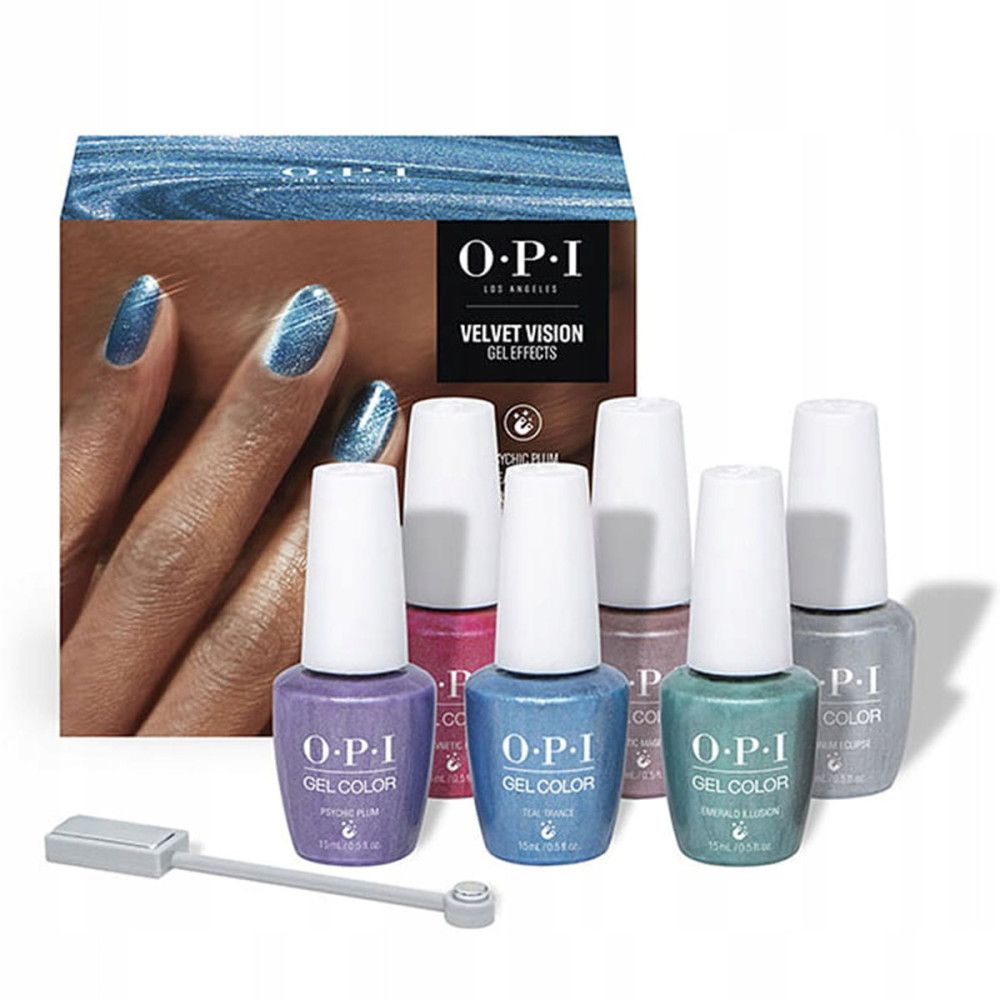 OPI GelColor Velvet Vision Set. Sechs Nagellackflaschen, eine Magnet-Applikator. Verpackung mit Produktnamen und Logo.