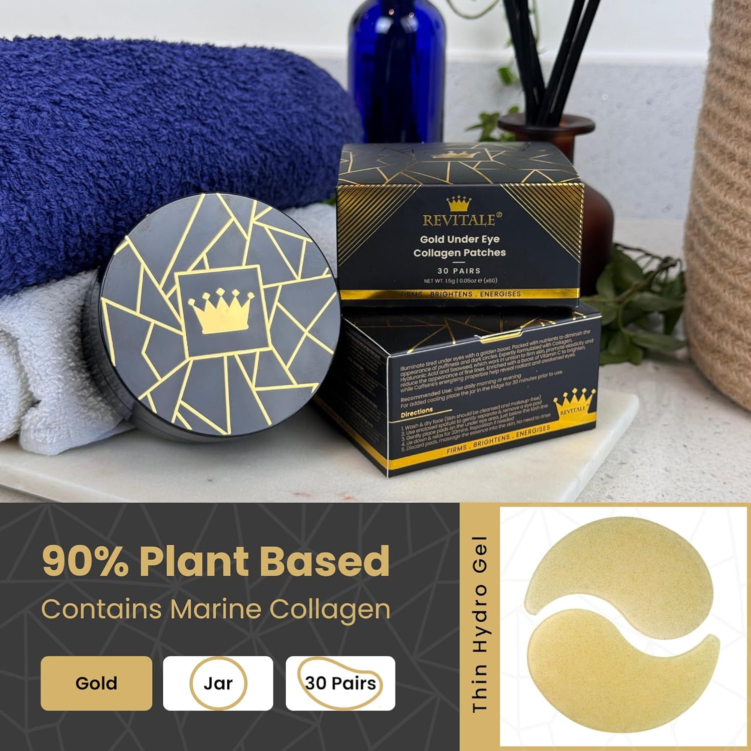 Tiegel mit goldenen Augenpads, daneben Kartons. Text: 90% pflanzlich, enthält Meereskollagen. Gold, Jar, 30 Pairs.