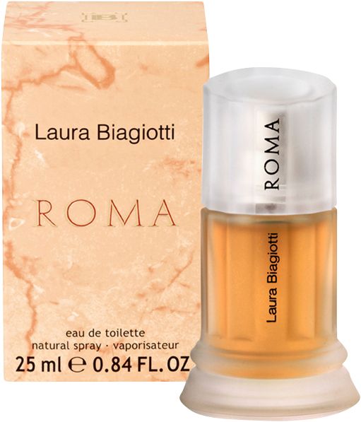 Parfümflakon und Schachtel. Flakon mit Schriftzug ROMA. Schachtel mit Schriftzug ROMA und Laura Biagiotti.