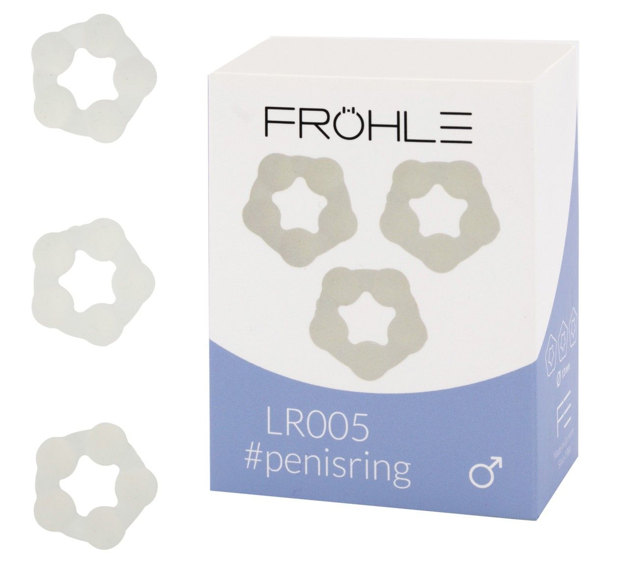 Drei Liebesringe neben einer Verpackung. Aufdruck: Fröhle, LR005, #penisring. Männliches Symbol. Blaue und weiße Farbgebung.