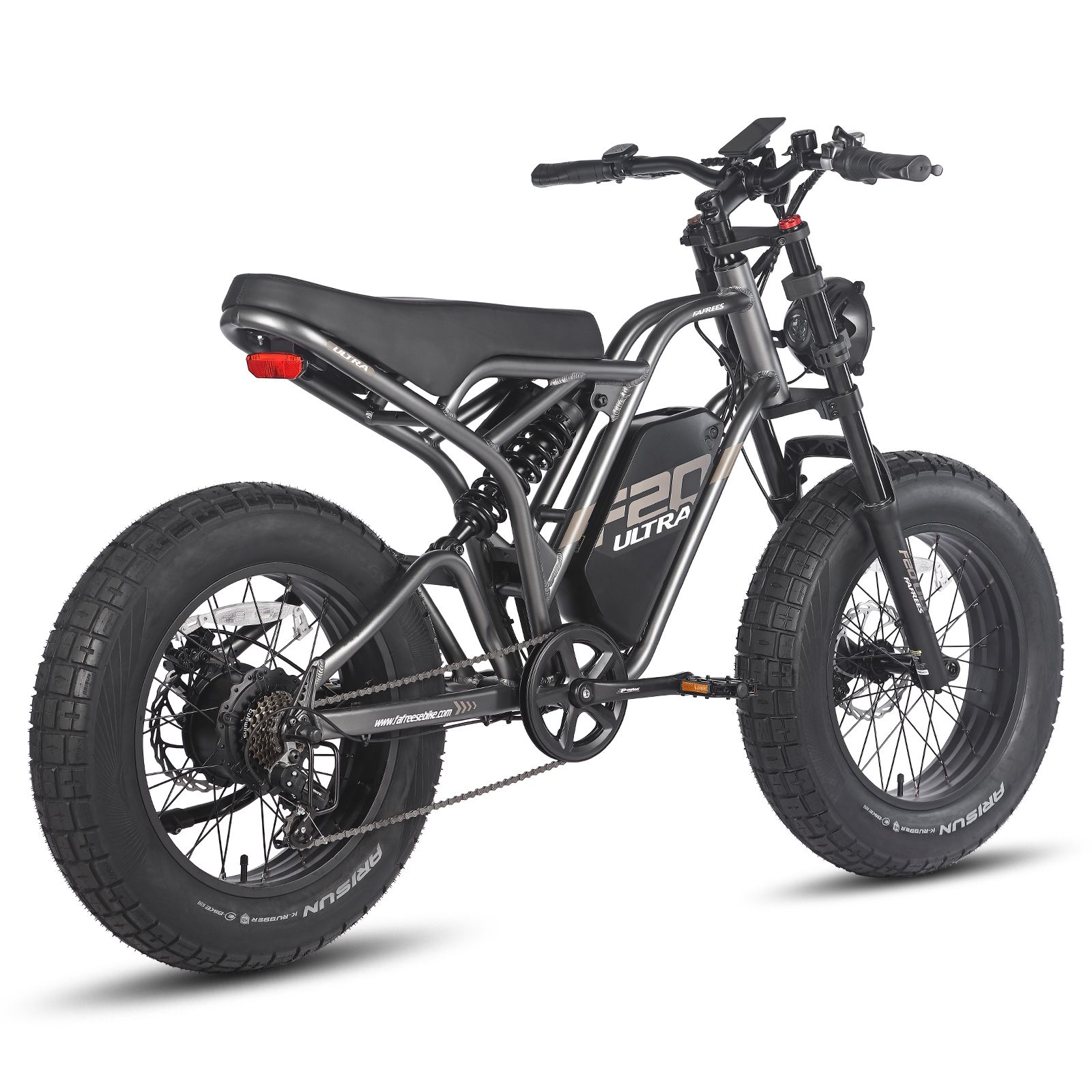 Graues E-Dirtbike mit schwarzen Reifen. Sichtbar: Sattel, Motor, Scheinwerfer, F20 Ultra-Logo.