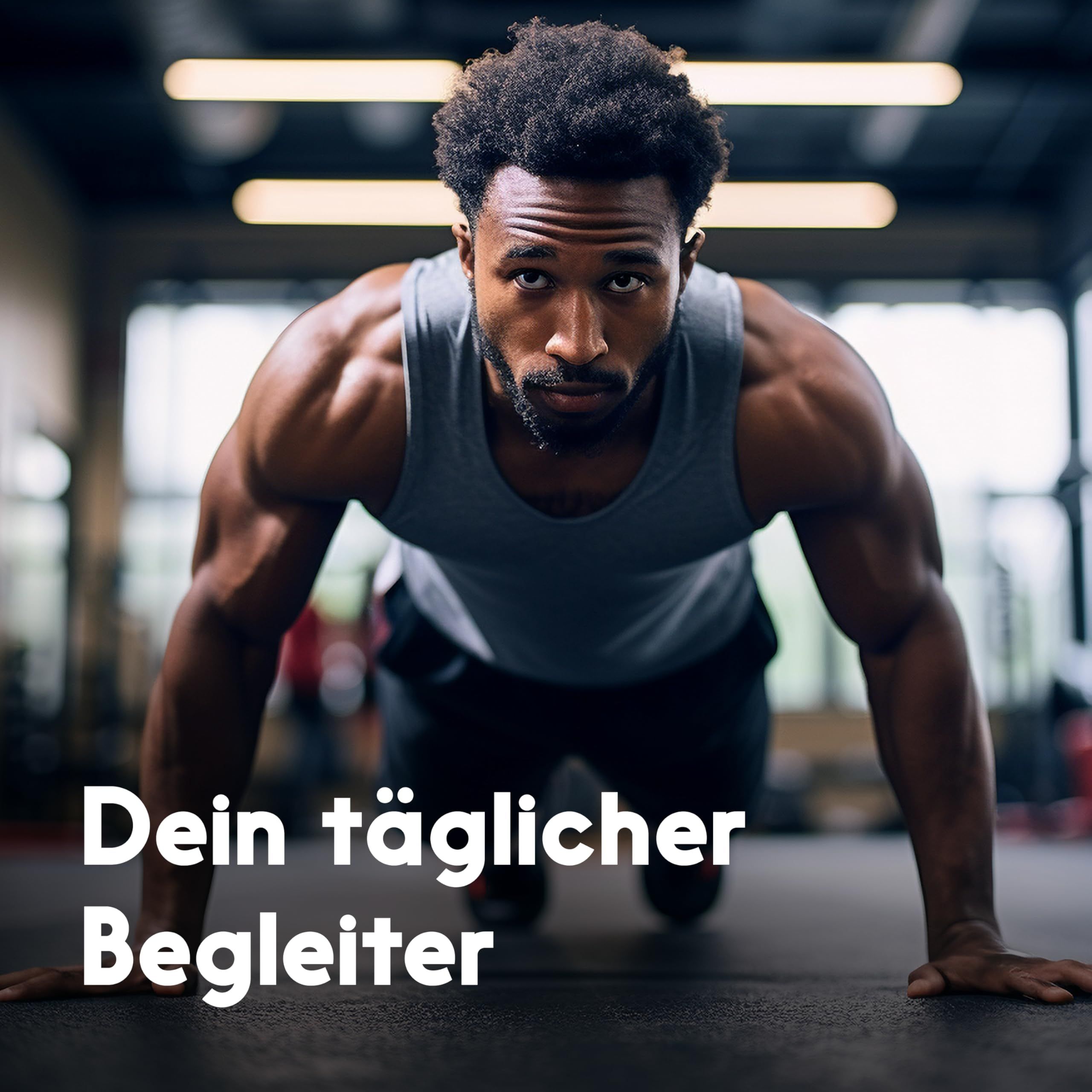 Mann in Liegestützposition im Fitnessstudio, Text: Dein täglicher Begleiter.