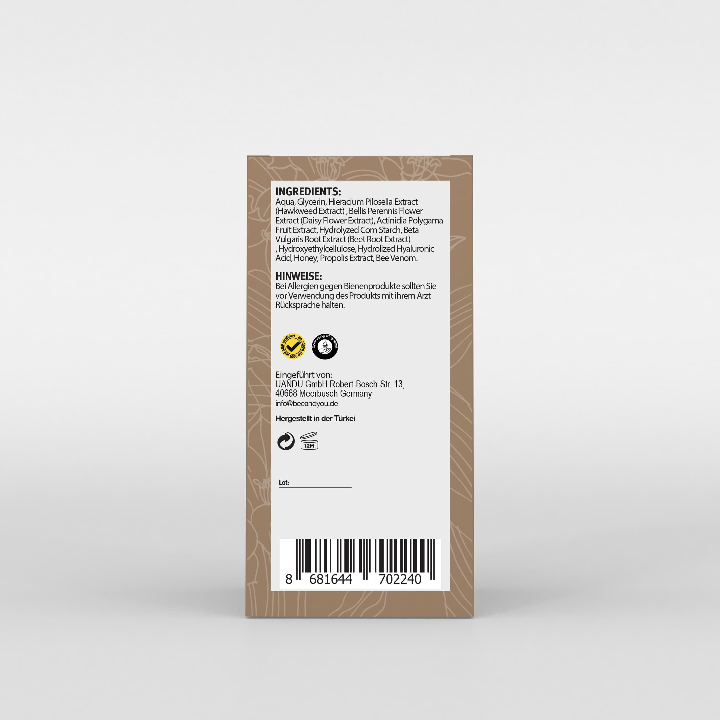 Rückseite der Verpackung. Text: Inhaltsstoffe, Warnhinweise, Herstellerinformationen, Qualitätszeichen und Barcode.