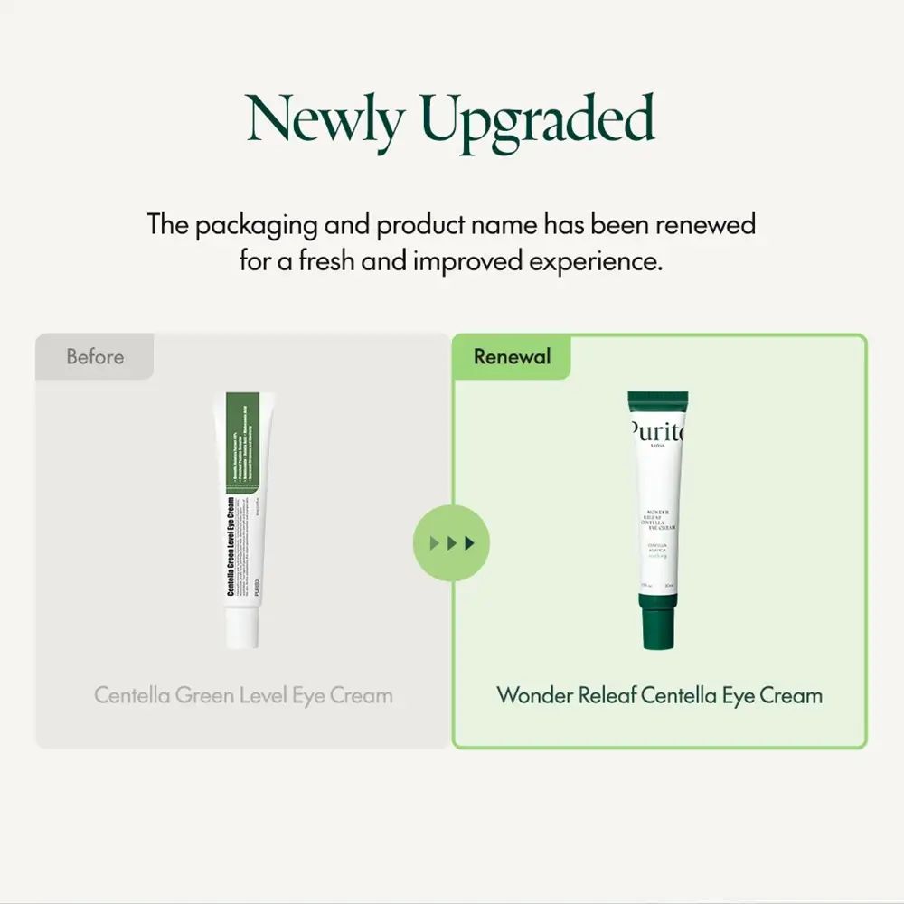 Vorher-Nachher-Vergleich von Augencreme-Tuben. Links: Centella Green Level Eye Cream. Rechts: Wonder Releaf Centella Eye Cream.
