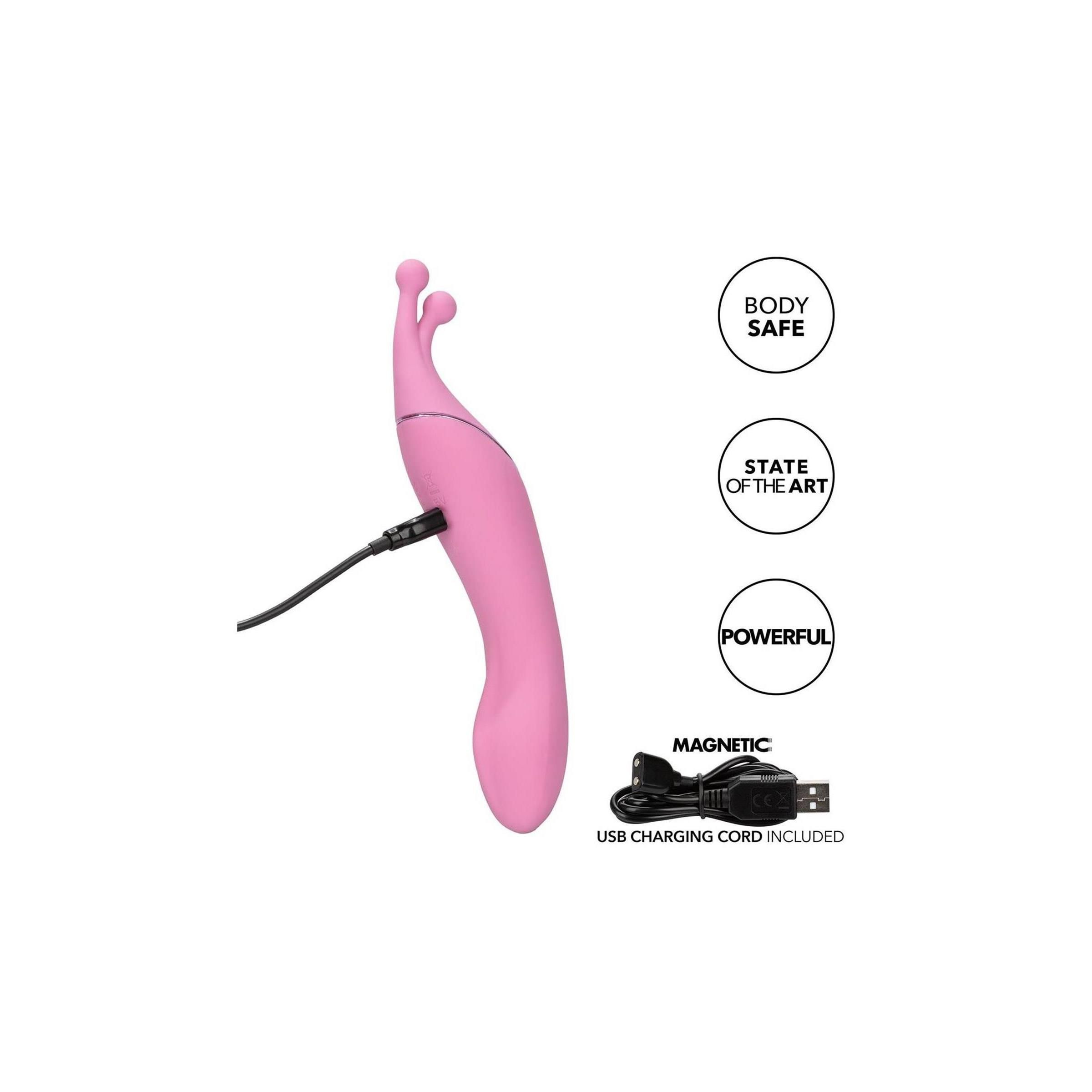 Rosa Massagegerät mit USB-Ladekabel. Symbole: sicher für den Körper, modernste Technik, leistungsstark. Magnetisch. USB-Ladekabel enthalten.