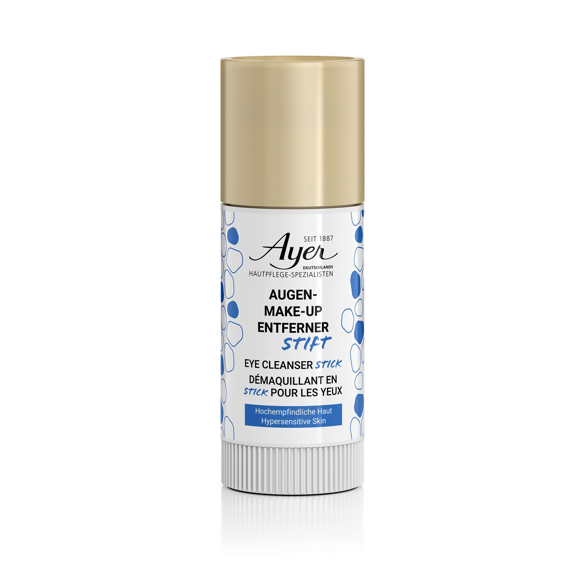 Ayer Eye Cleanser Stick. Weißer Stift mit goldener Kappe. Aufschrift: Augen-Make-up Entferner Stift.