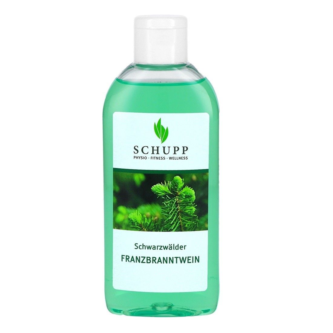 Grüne Flüssigkeit in einer transparenten Flasche mit weißem Deckel. Etikett mit Logo und Text: Schupp, Schwarzwälder Franzbranntwein.