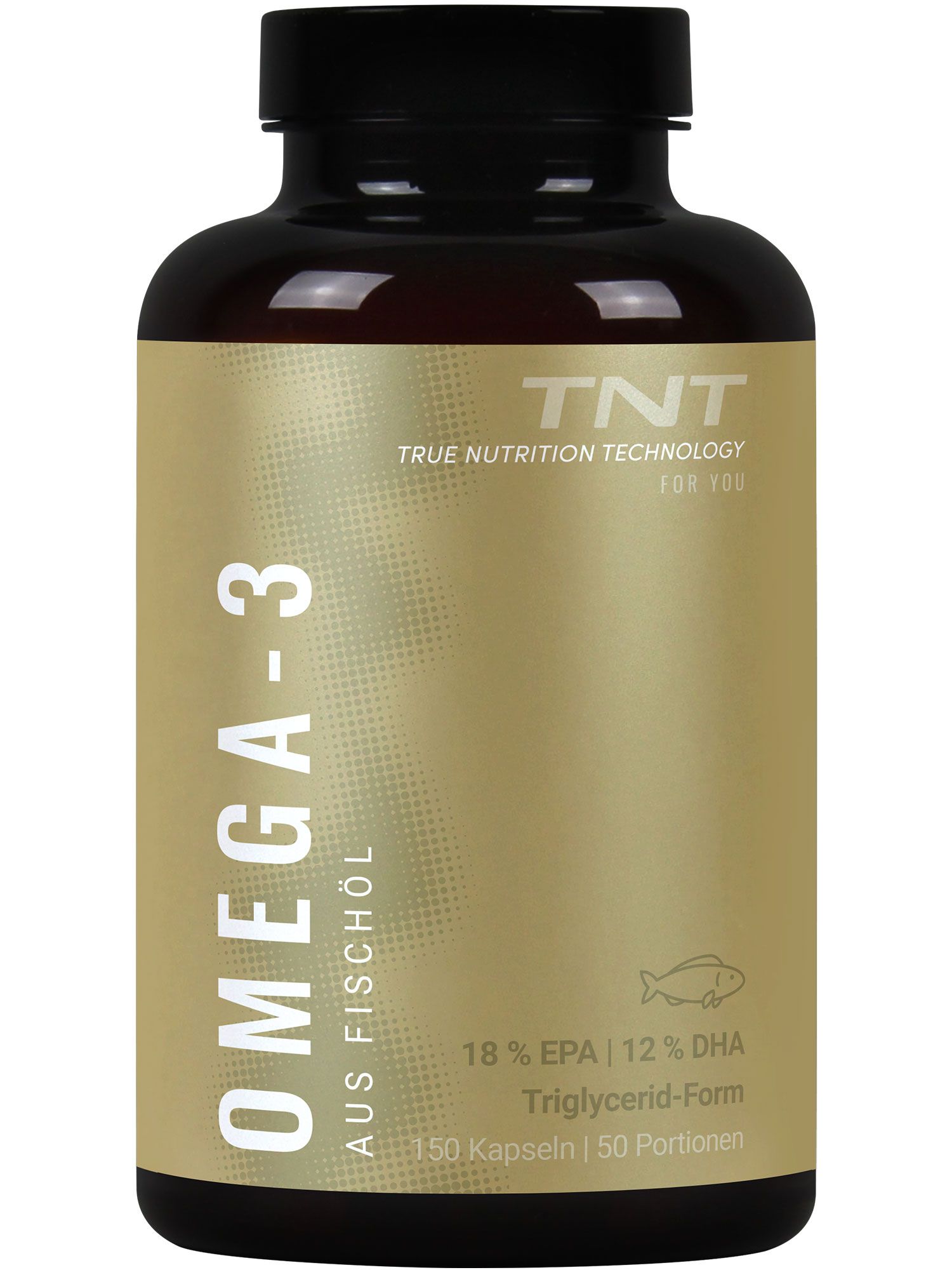 Flasche TNT Omega-3 Fischöl. Aufschrift: Omega-3 aus Fischöl. Text: 150 Kapseln. Fisch-Symbol. Schwarzer Deckel.