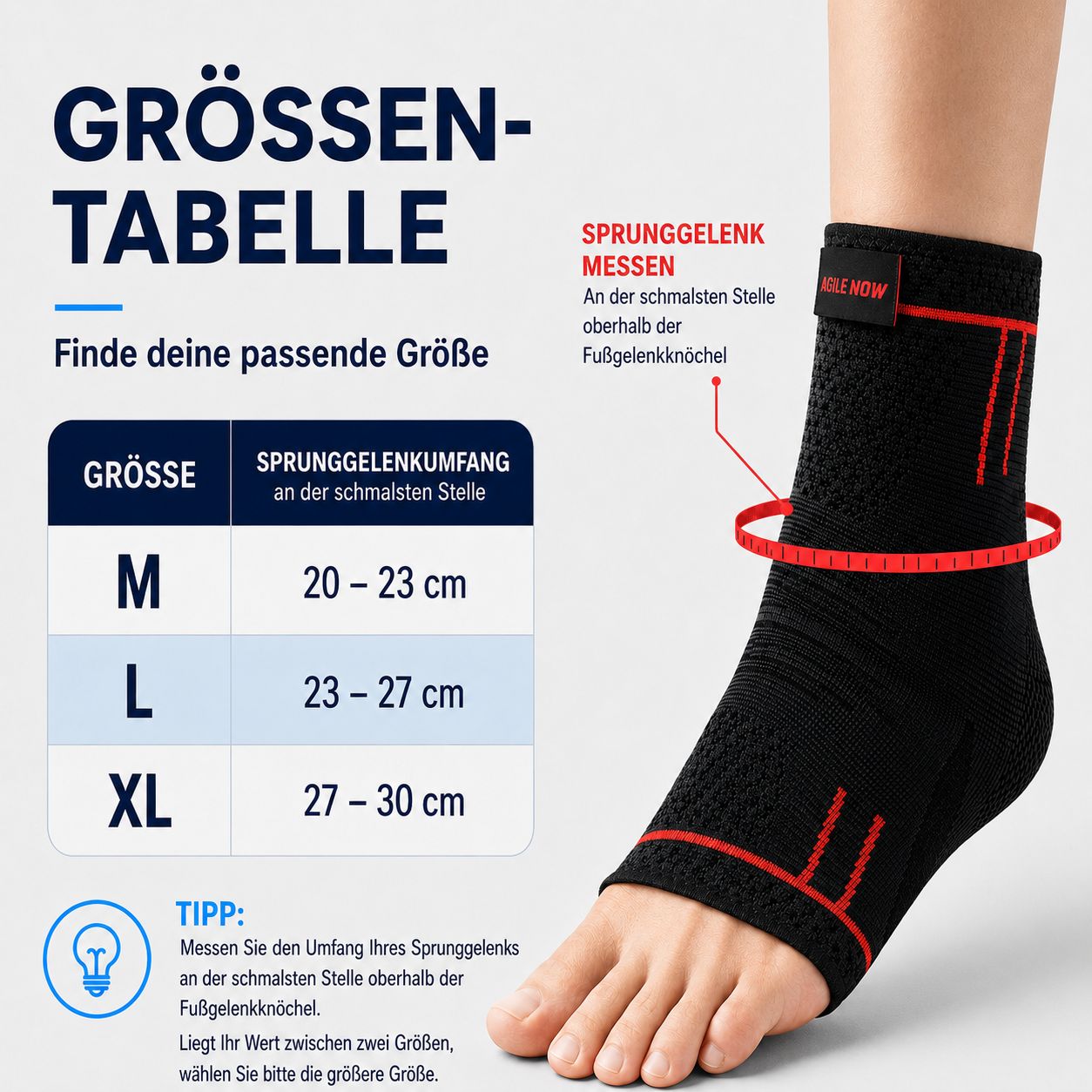 Größentabelle für Sprunggelenkbandagen mit Größen M, L, XL und Messanleitung.