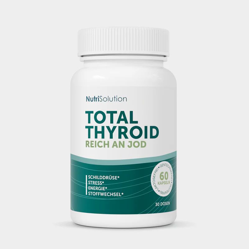 Weiße Flasche mit Kapseln. Aufschrift: Total Thyroid, reich an Jod. 60 Kapseln. 30 Dosen. Schilddrüse, Stress, Energie, Stoffwechsel.