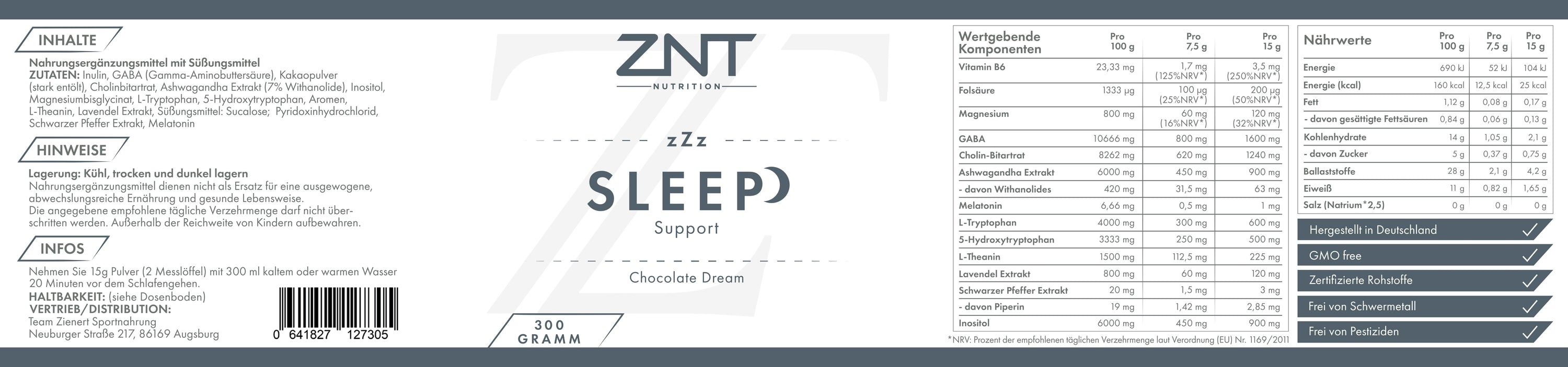 Etikett mit Text und Nährwertangaben. Aufschrift: ZNT Nutrition, SLEEP Support, Chocolate Dream. 15 Gramm. Barcode.