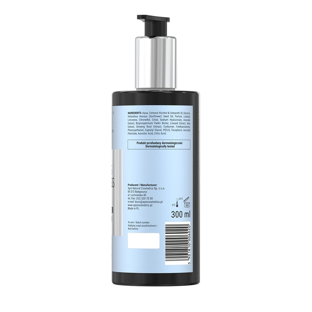 Rückseite der Körper- und Handcreme-Flasche. Schwarze Flasche mit silbernem Pumpkopf. Text: Inhaltsstoffe, 300 ml, Herstellerinformationen.