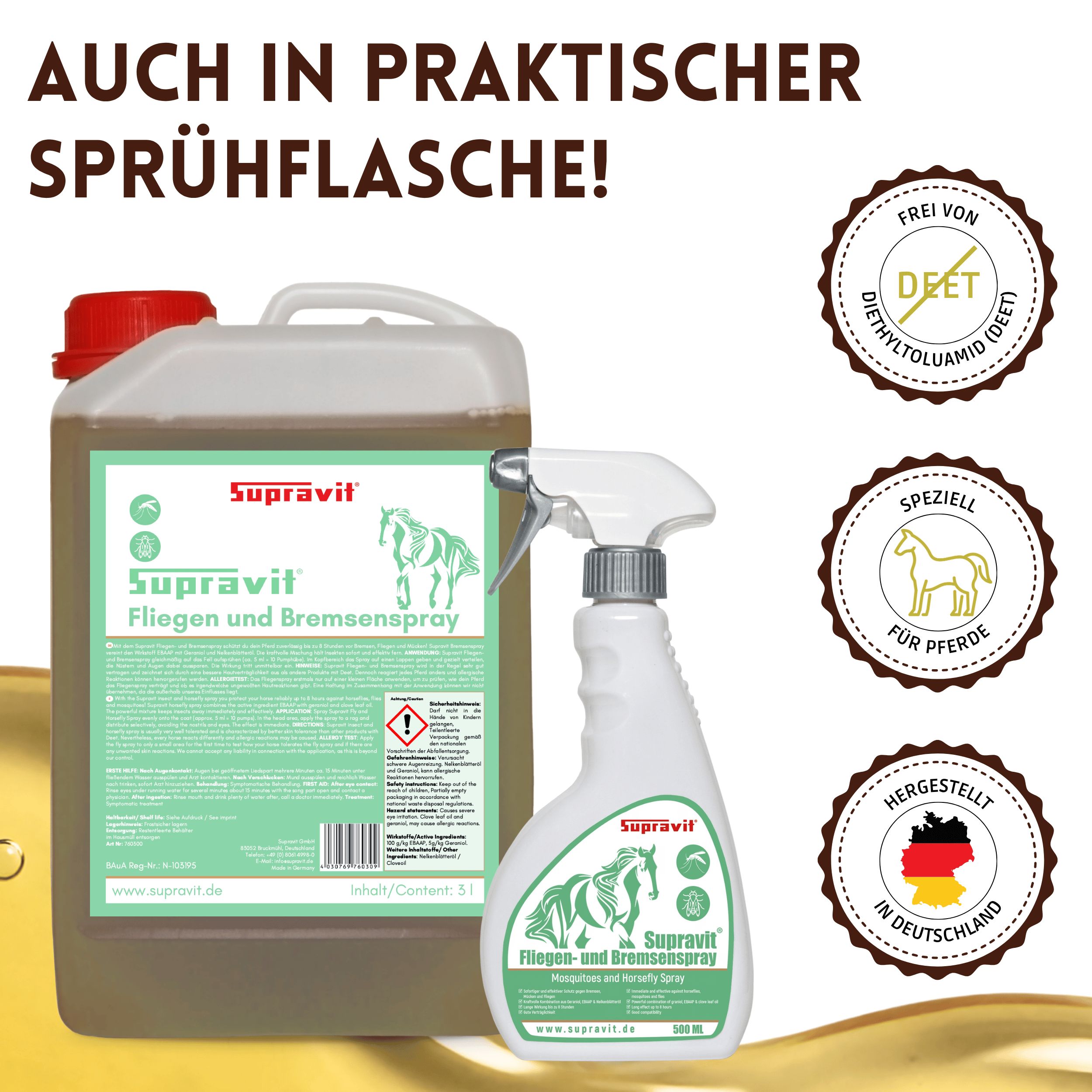 Supravit Fliegen und Bremsenspray in 5L Kanister und Sprühflasche.