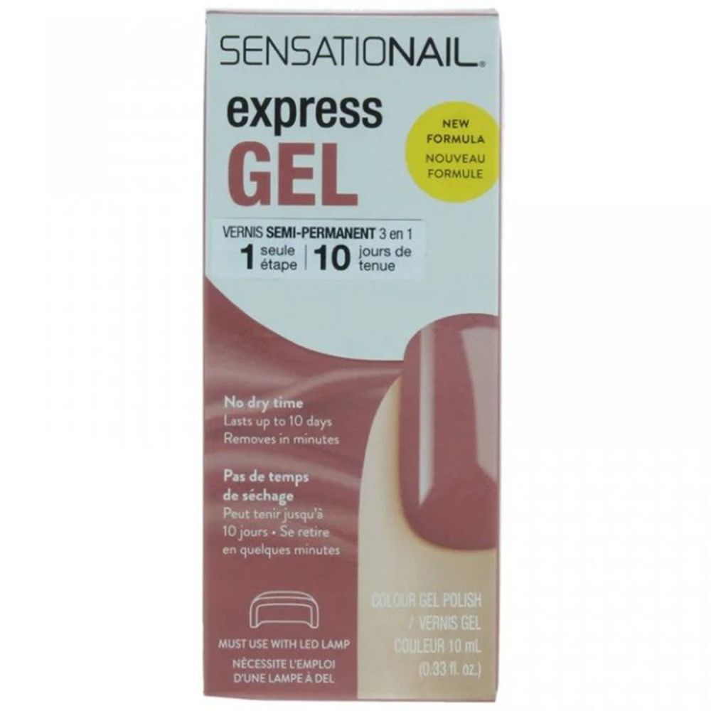Verpackung von Sensationail Express-Gel-Nagellack. Rosa Farbton, 10 ml. Text: Express Gel, 10 Tage Haltbarkeit, LED-Lampe erforderlich.