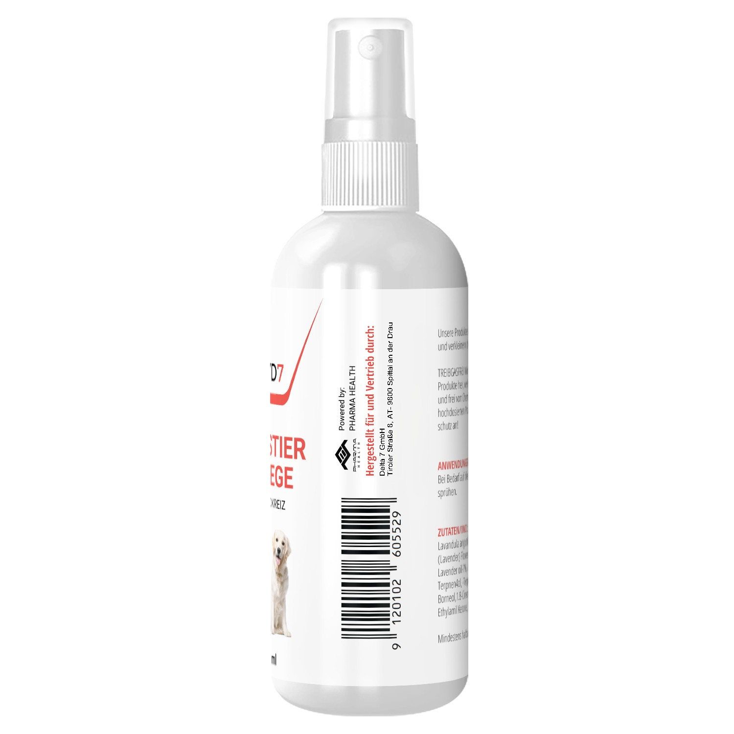 Rückseite der weißen Sprühflasche. Barcode und Text mit Herstellerinformationen.