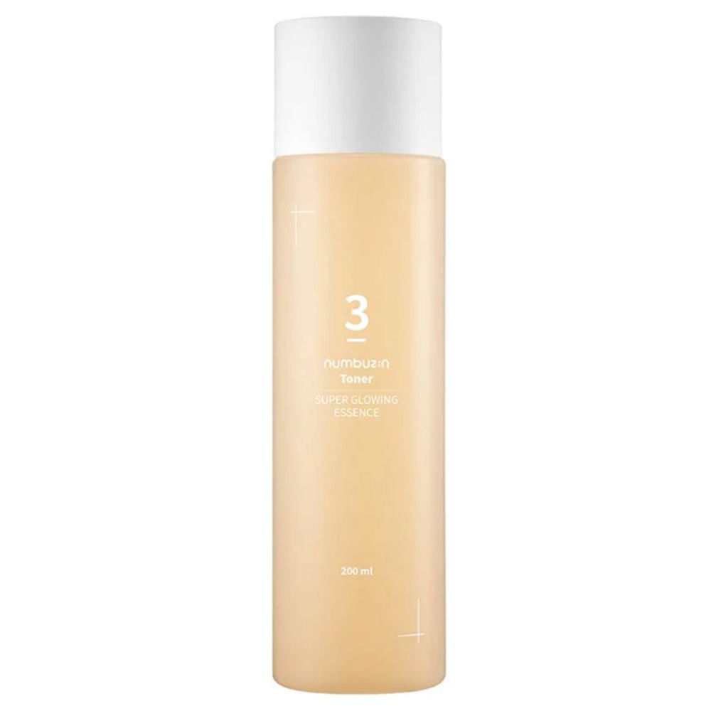 Zylindrische Flasche mit weißem Deckel. Aufschrift: 3, Toner, Super Glowing Essence. Helle Flüssigkeit sichtbar.