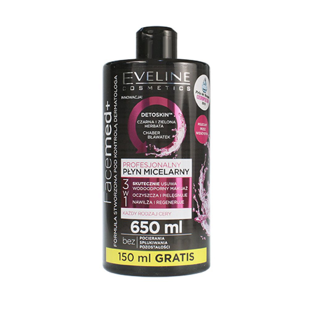 Schwarze Flasche mit schwarzem Deckel. Text: Eveline Cosmetics Facemed+ professionelles Mizellenwasser 3in1. 650 ml + 150 ml gratis.
