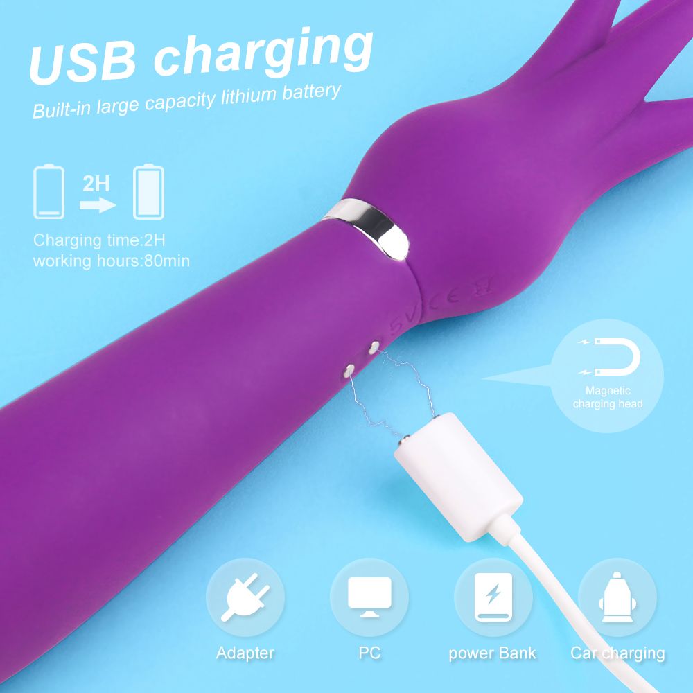 Lila Vibrator mit tentakelartigen Enden. Zylindrischer Griff, silberner Ring. Vier Tentakel. Aus Silikon. USB-Ladeanschluss.
