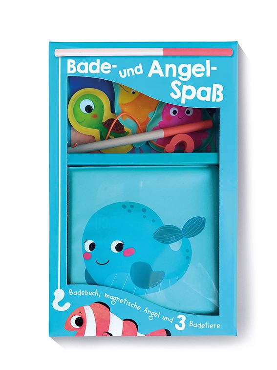 Blaue Box mit Bade- und Angelspaß-Set. Enthält ein Badebuch, magnetische Angel und 3 Badetiere. Auf der Box ist ein Wal abgebildet.