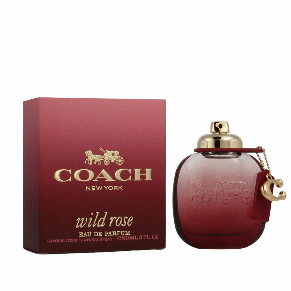 Coach Wild Rose Eau de Parfum Flakon und Verpackung mit Pferdekutschen-Motiv.