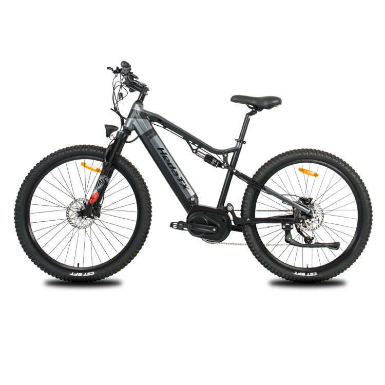 E-Mountainbike HedaTX TX11, schwarz, mit Mittelmotor und 48V 15Ah Akku. Schwarze Reifen, Sattel und Lenker.