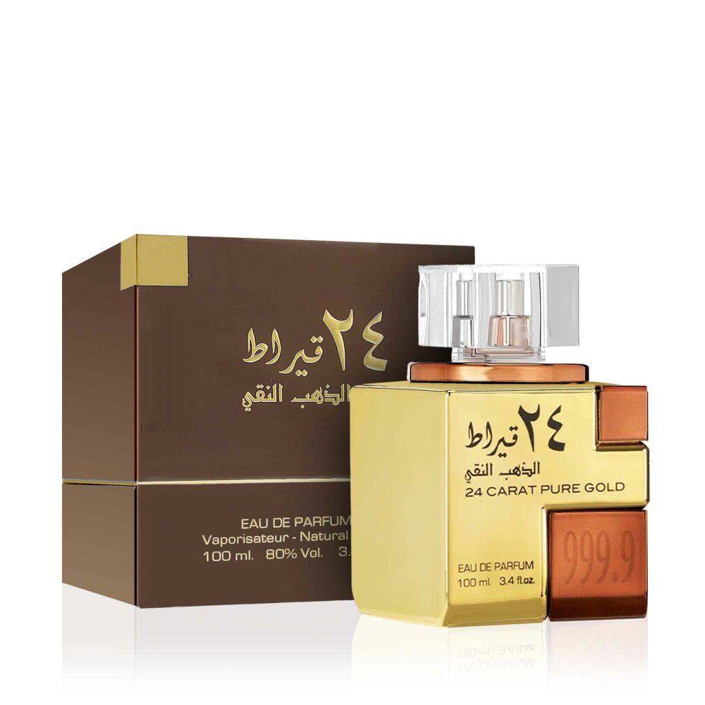 Goldfarbener Flakon mit brauner Verpackung. Aufschrift: 24 Karat Pure Gold. Eckige Form.