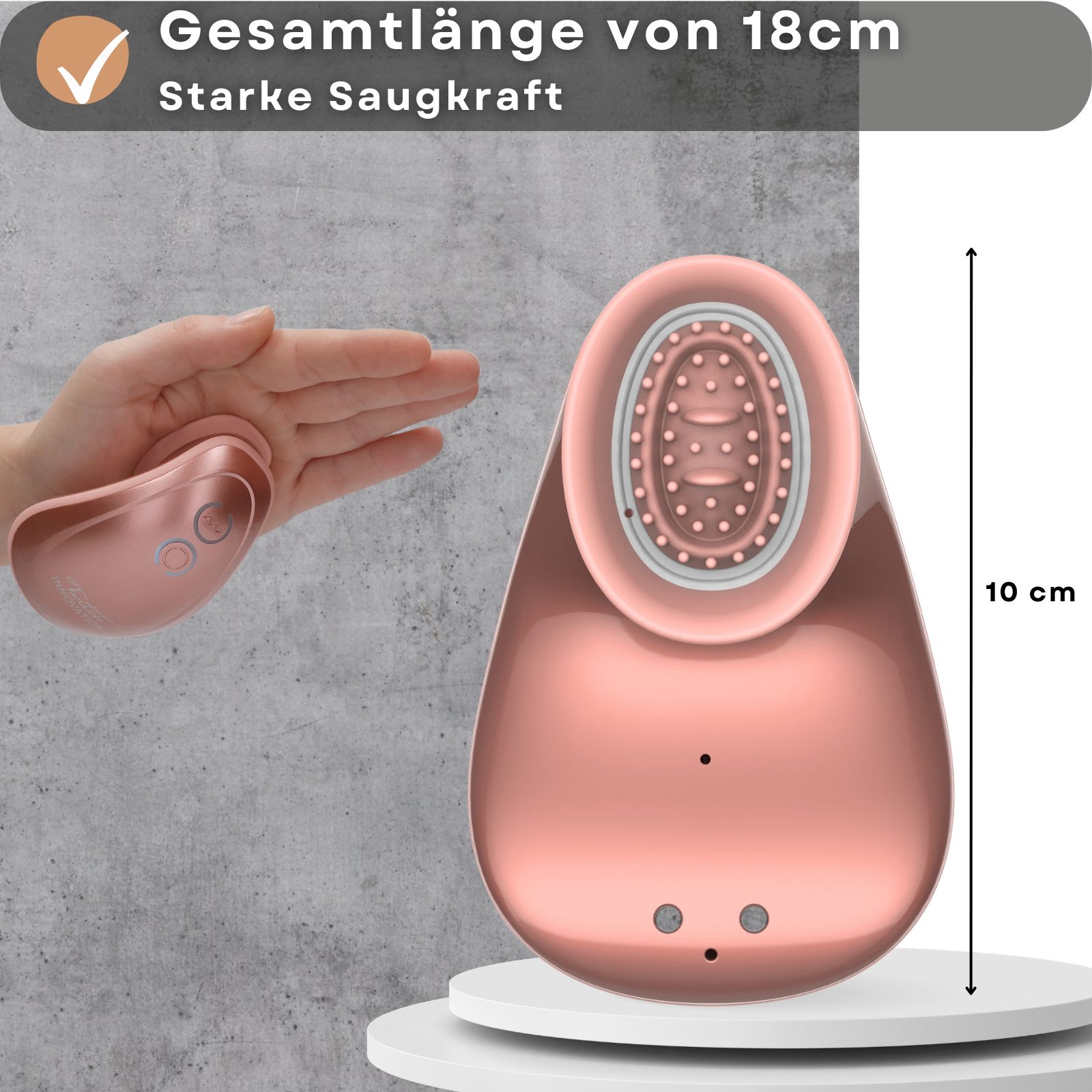 Rosa Sauger-Vibrator, Tropfenform. Ovale Öffnung mit Noppen. Text: Gesamtlänge von 18cm, Starke Saugkraft. Maße: 10 cm.