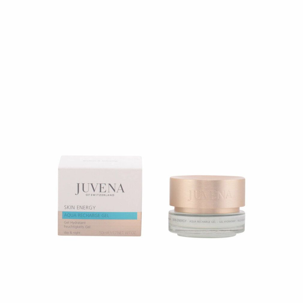 Cremebehälter mit goldfarbenem Deckel und Karton. Aufschrift: Juvena of Switzerland. Produktbezeichnung: Aqua Recharge Gel.
