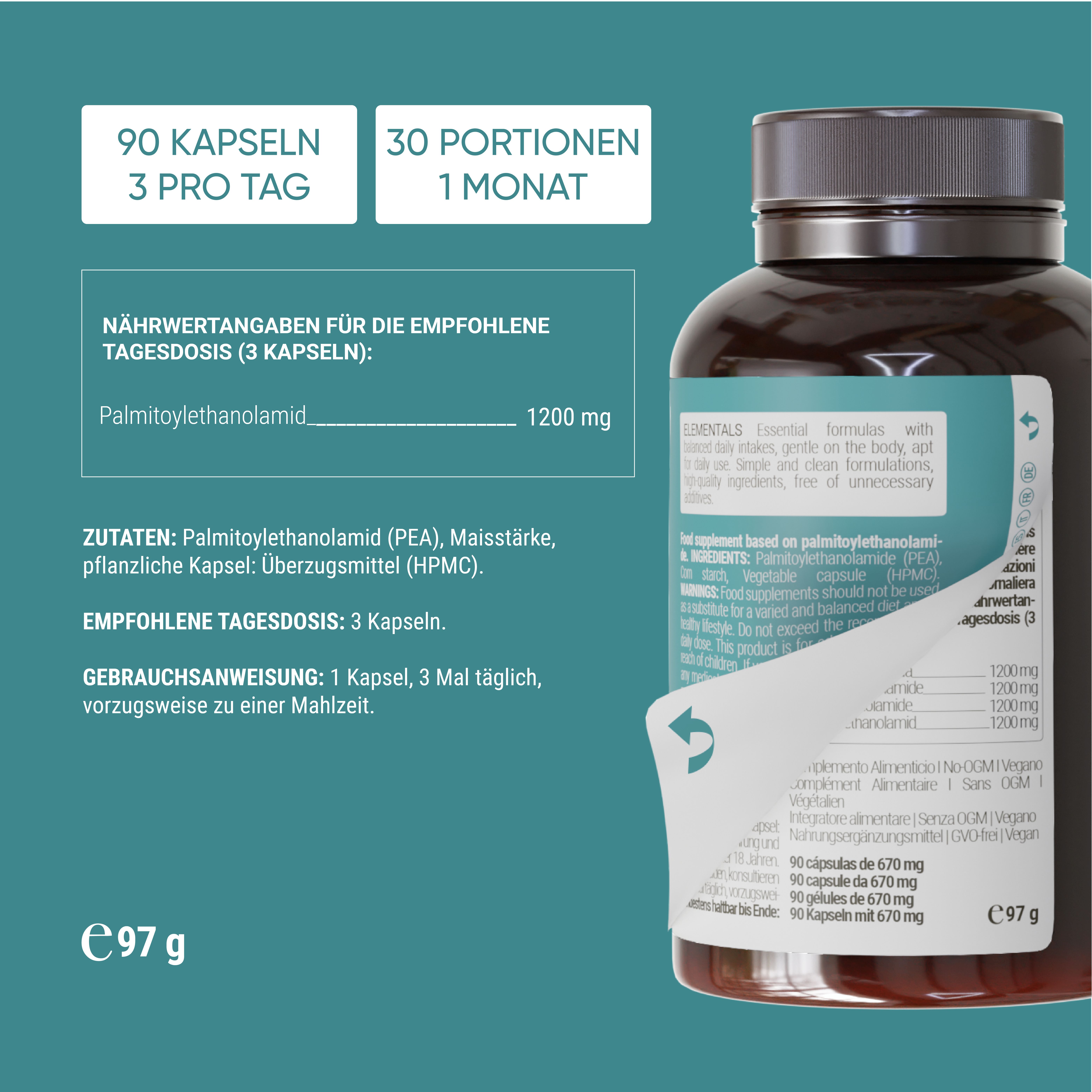 Flasche mit Etikett. Text: 90 Kapseln, 3 pro Tag, 30 Portionen, 1 Monat. Nährwertangaben. Zutaten. Empfohlene Tagesdosis.