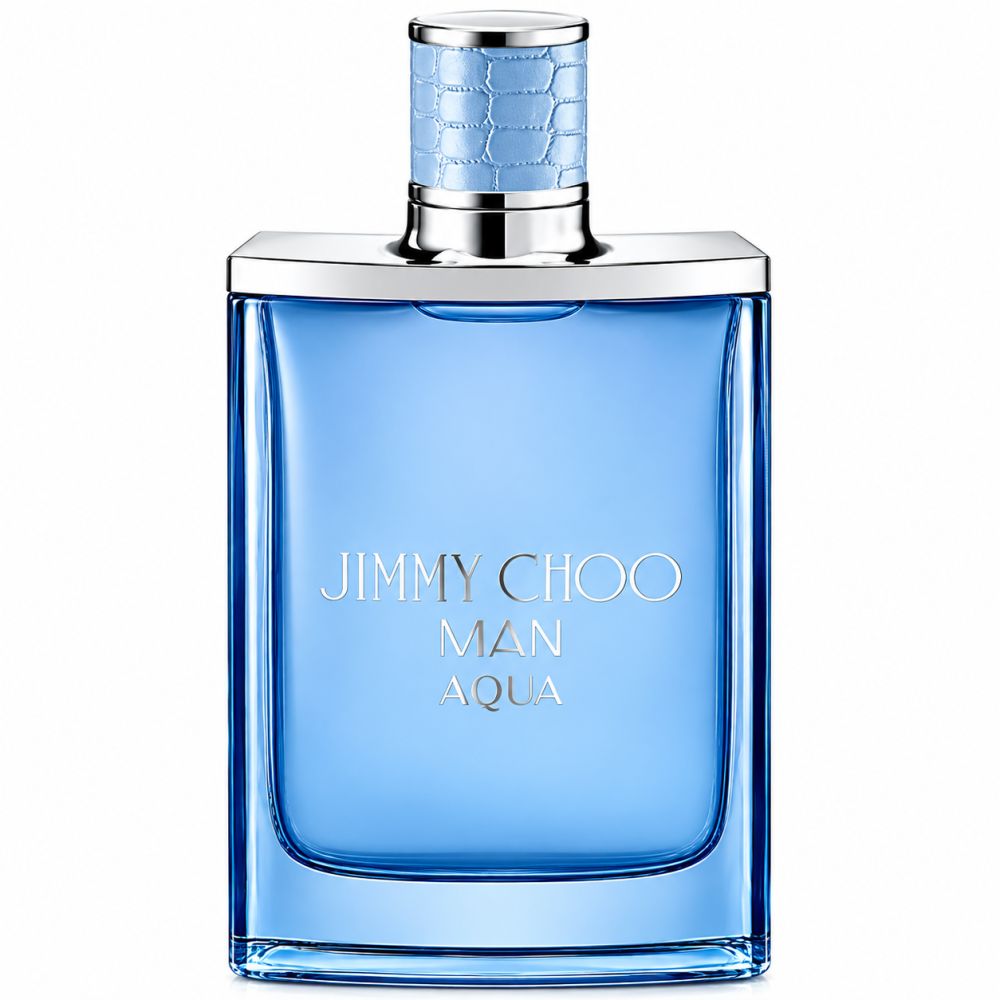 Jimmy Choo Man Aqua Eau de Toilette Flakon in Hellblau mit silbernem Verschluss.