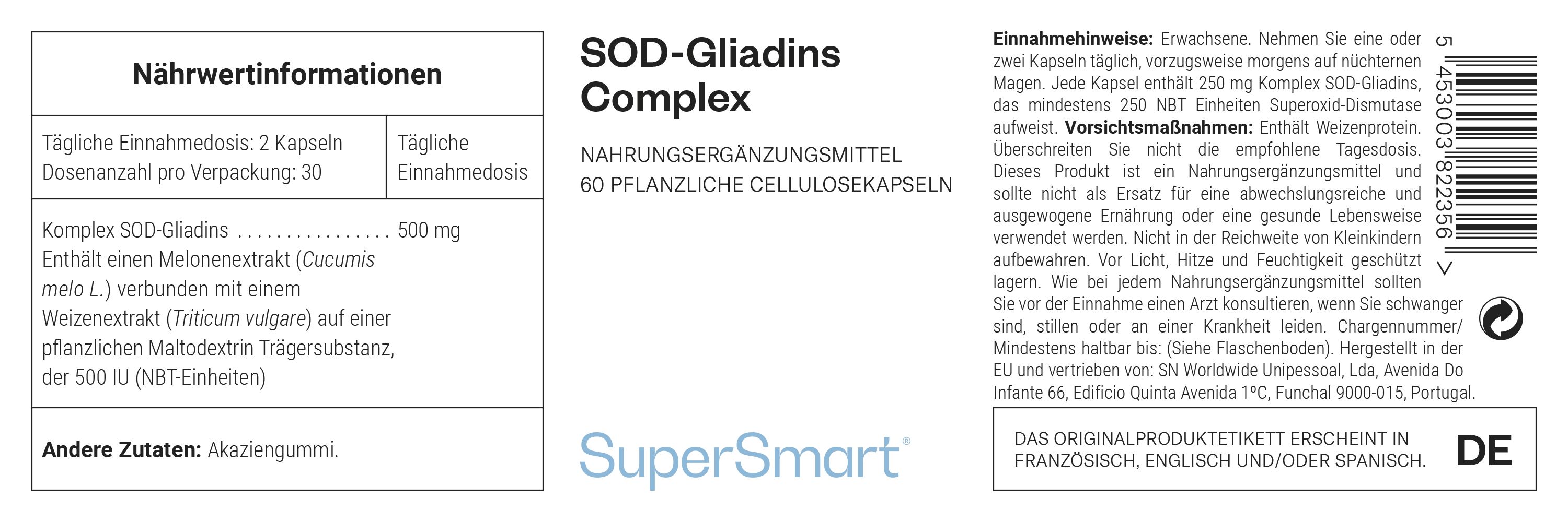 Etikett mit Informationen zu SOD-Gliadin-Komplex. 60 Kapseln. Nahrungsergänzungsmittel. SuperSmart Logo.