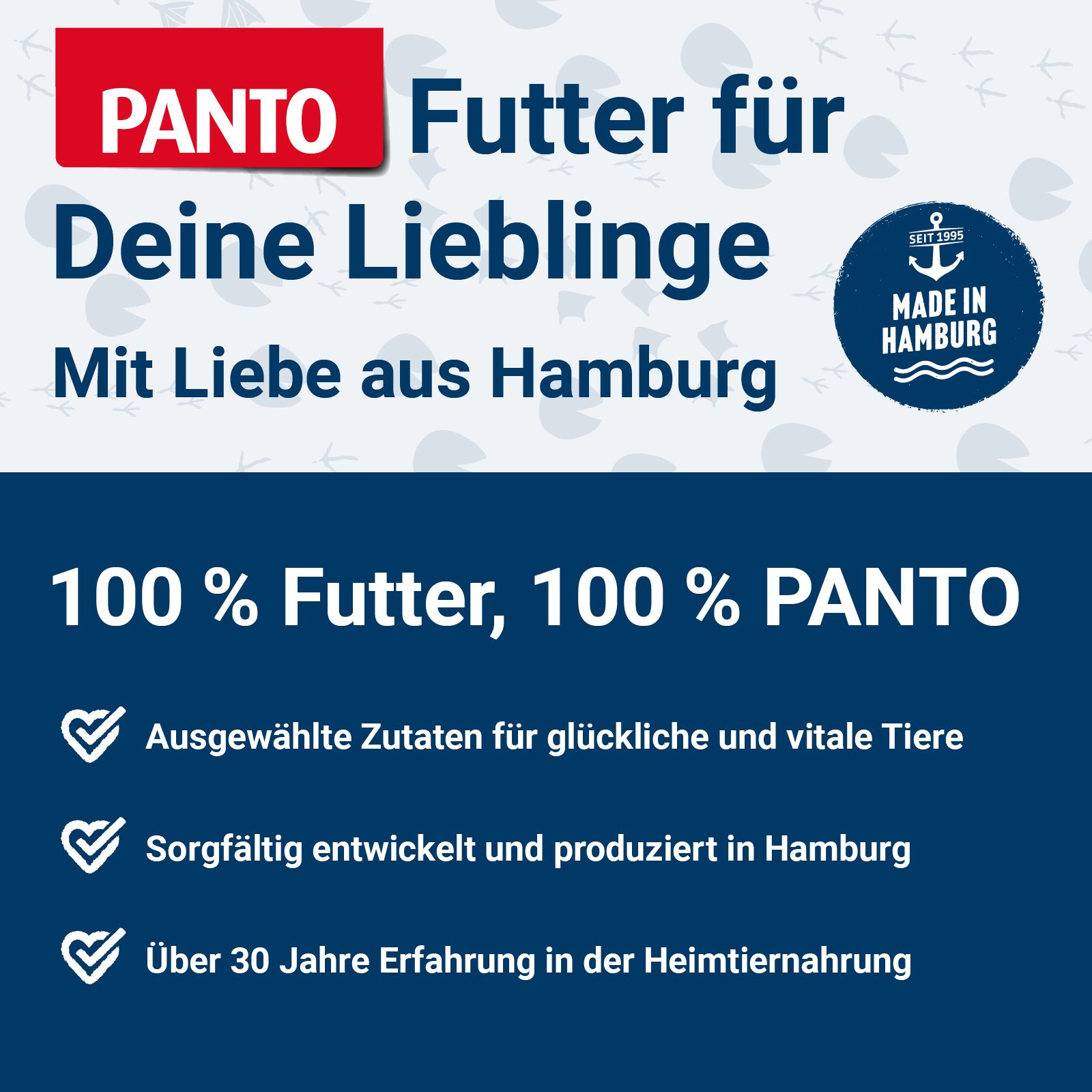 Blauer Hintergrund mit Text und Icons. Text: Futter für Deine Lieblinge, Mit Liebe aus Hamburg, 100 % Futter, 100 % PANTO.