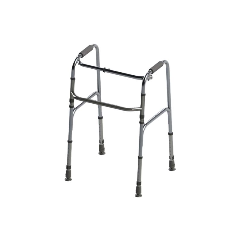 Gehhilfe aus Aluminium mit vier Stellfüßen. Höhenverstellbar. Graue Griffe. Silberfarbenes Metallgestell.