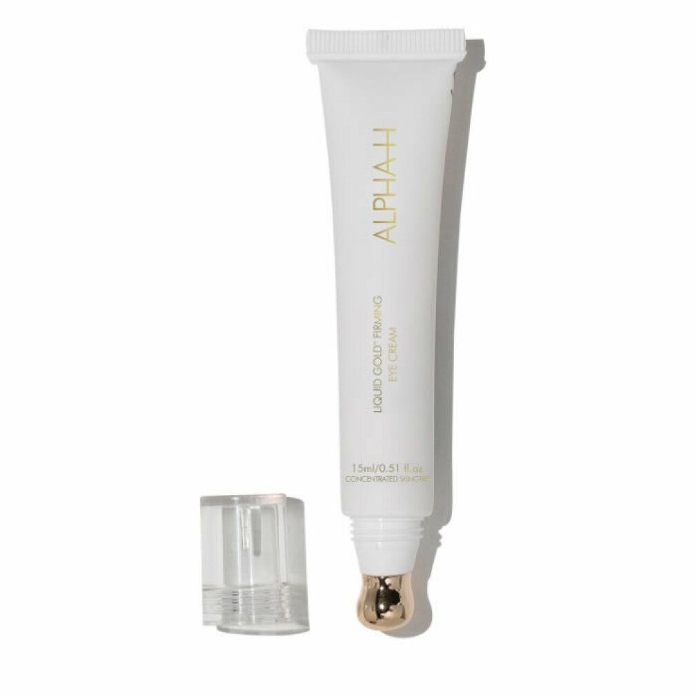 Weiße Tube mit goldfarbenem Applikator und Schriftzug ALPHA-H. Deckel daneben. Produktname: Liquid Gold Firming Eye Cream.