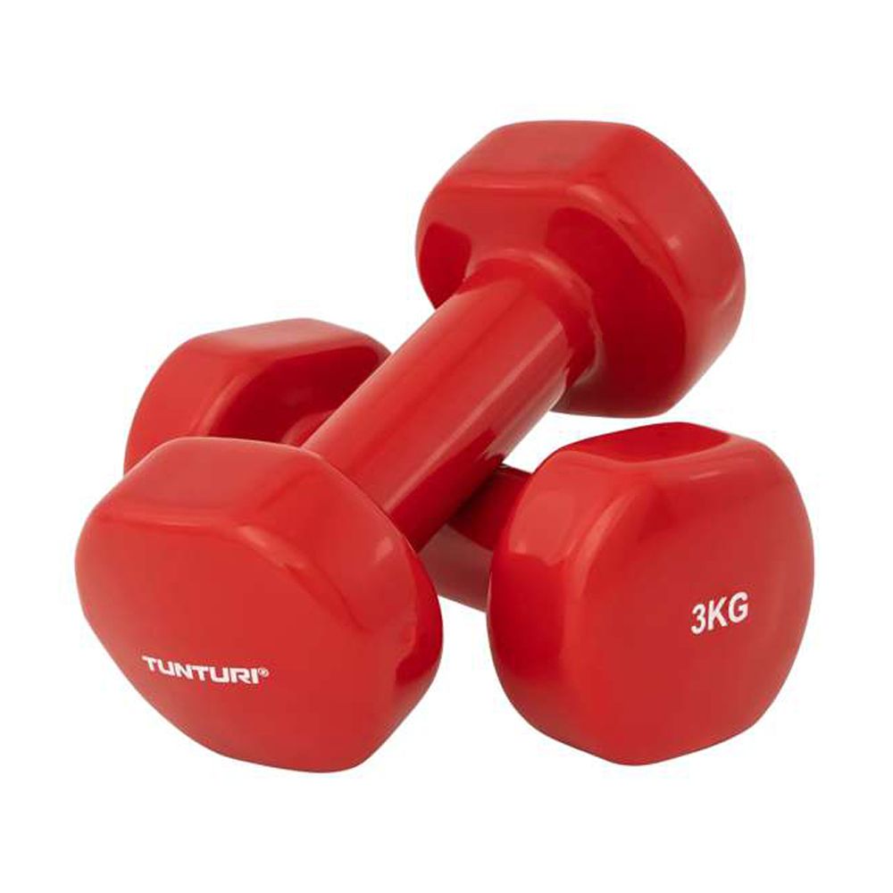 Rote Kurzhantel. Vinyl-Hantel mit sechseckigen Enden. Auf einem Ende steht "3KG", auf dem anderen "TUNTURI".