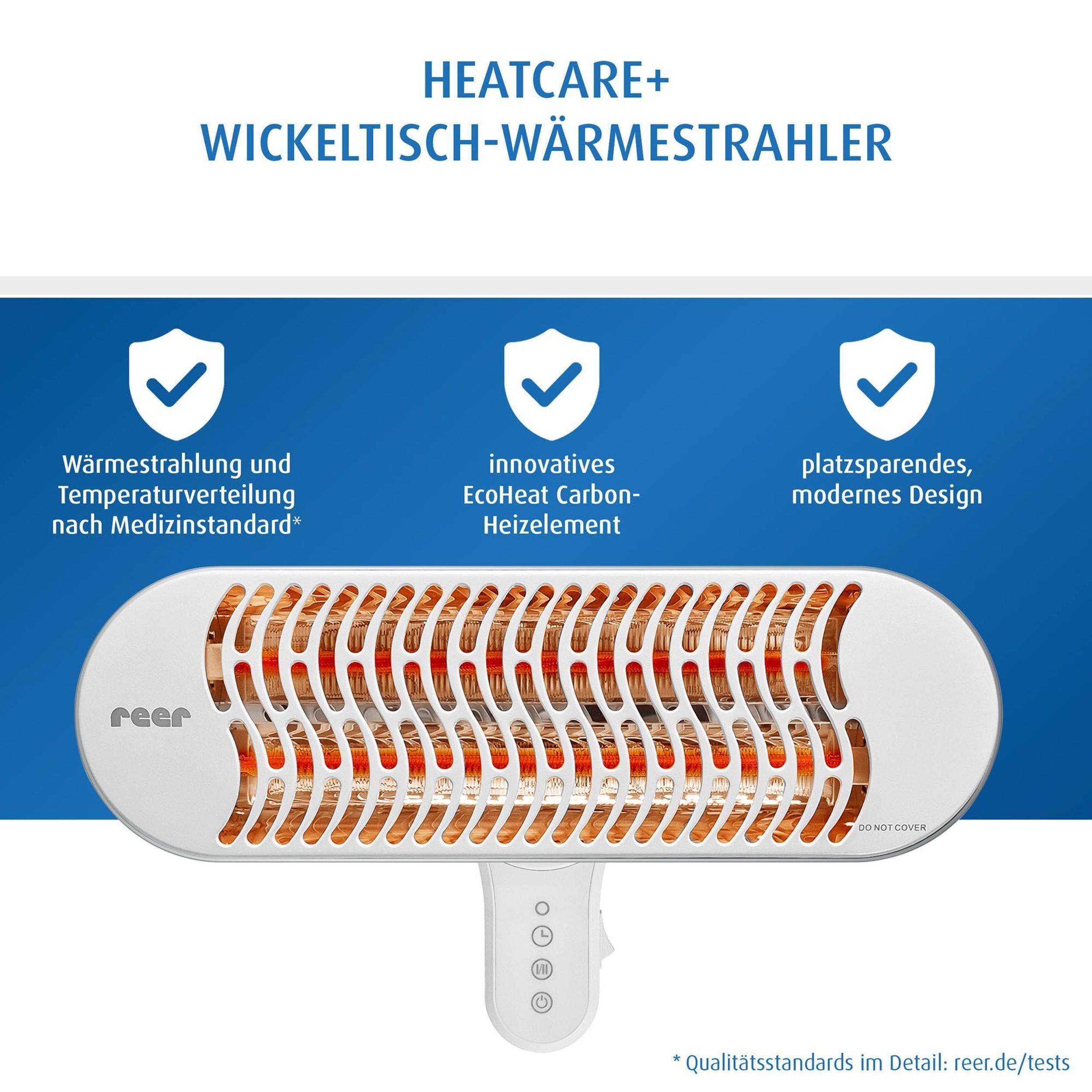 Reer Wickeltisch-Wärmestrahler mit EcoHeat Carbon-Heizelement.