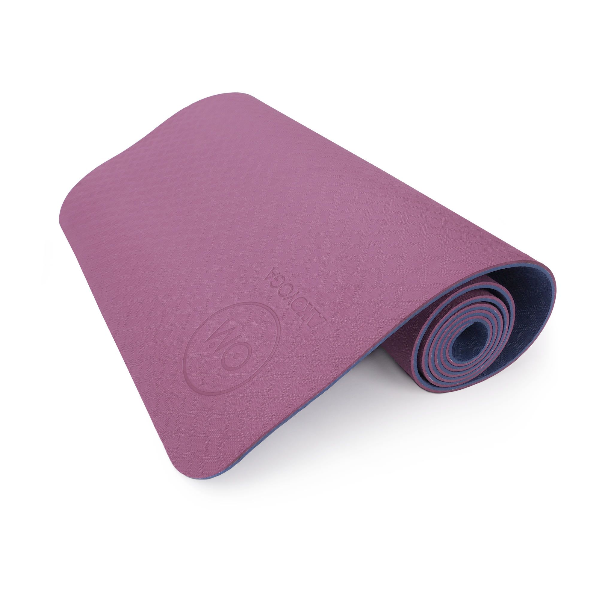 Zweifarbige Yogamatte, blau und aubergine, mit Logo und Prägung. TPE-Material.