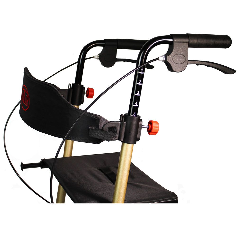 Nahaufnahme der Griffe und der Rückenlehne eines Rollators. Schwarze Griffe, rote Verstellknöpfe. ANLAR-Logo.