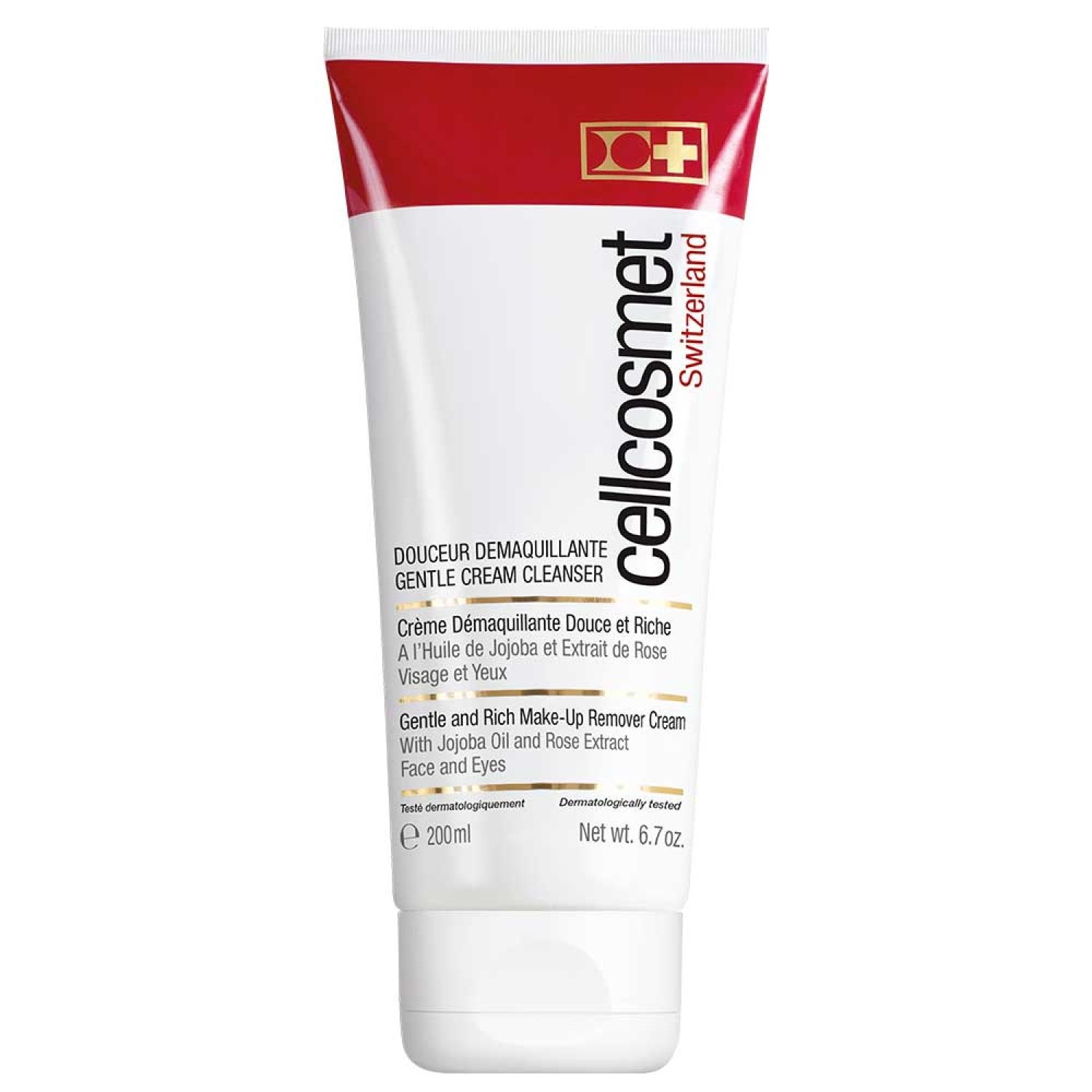 Creme-Reiniger-Tube mit rotem Deckel. Produktname und Marke sichtbar. Weißer Hintergrund.