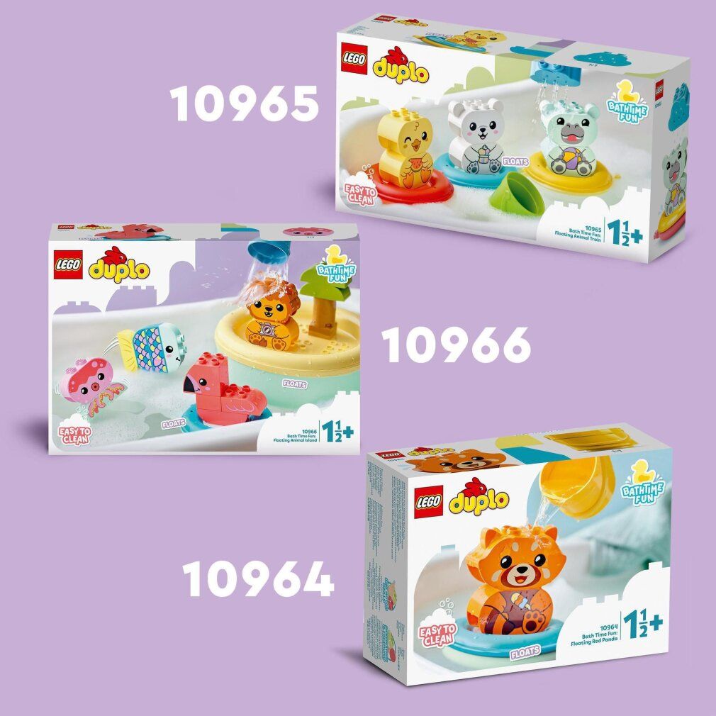 Drei LEGO Duplo Badespaß-Sets. Verpackungen mit Tierfiguren, Produktnamen und Altersempfehlungen.