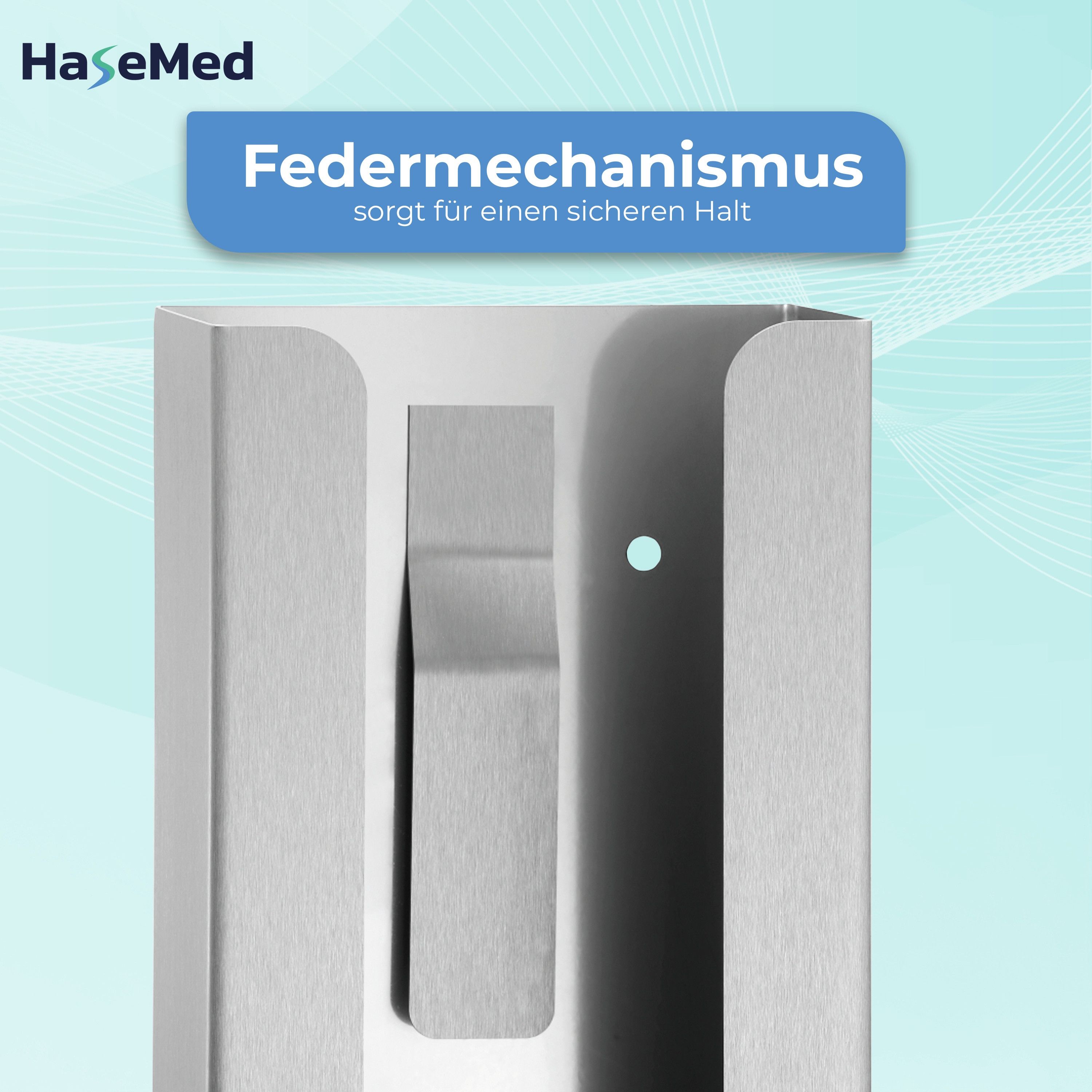 Nahaufnahme der Edelstahl-Halterung mit Feder. Feder sorgt für sicheren Halt der Handschuhbox.