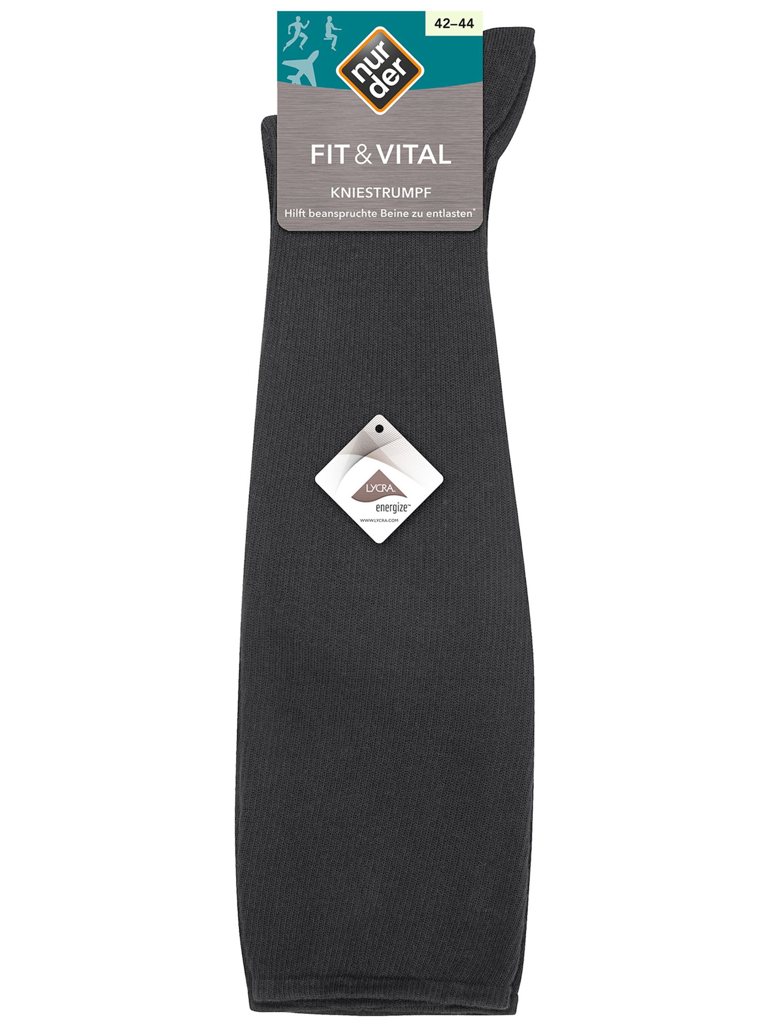 Kniestrümpfe anthrazitmel. mit Etikett. Marke: nur der. Text: FIT & VITAL. Größe 42-44. Lycra-Zertifizierung.
