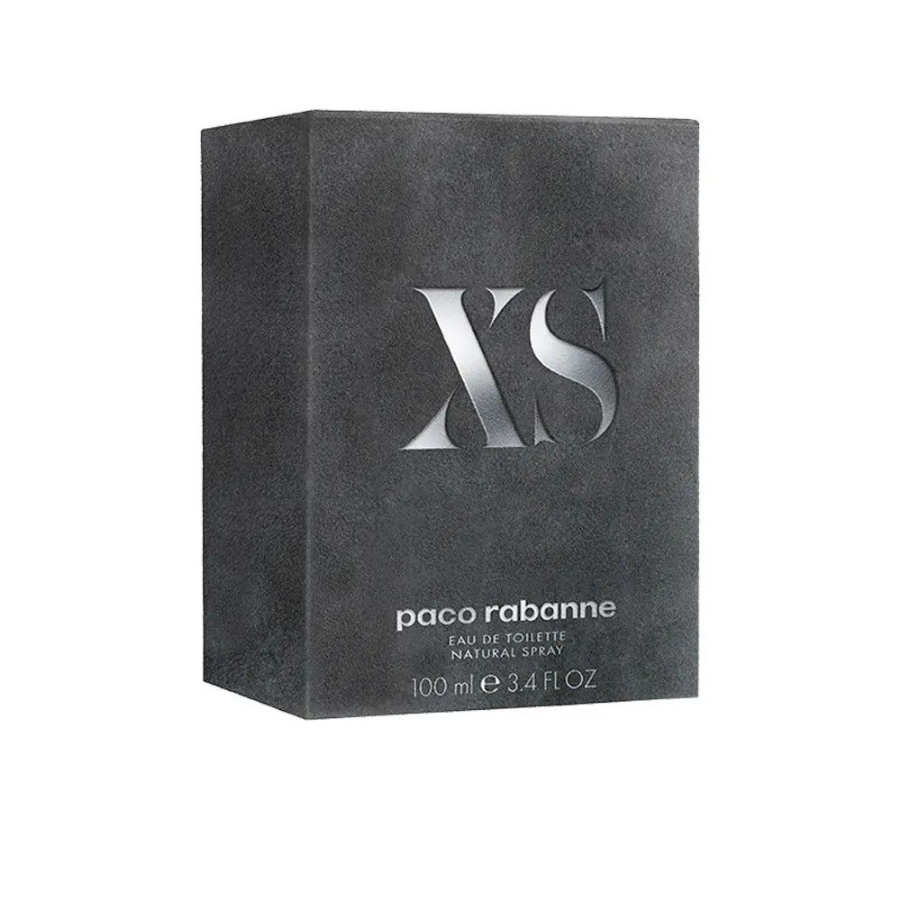 Dunkelgraue rechteckige Schachtel mit silbernem "XS"-Logo. Darunter "paco rabanne" und "Eau de Toilette".