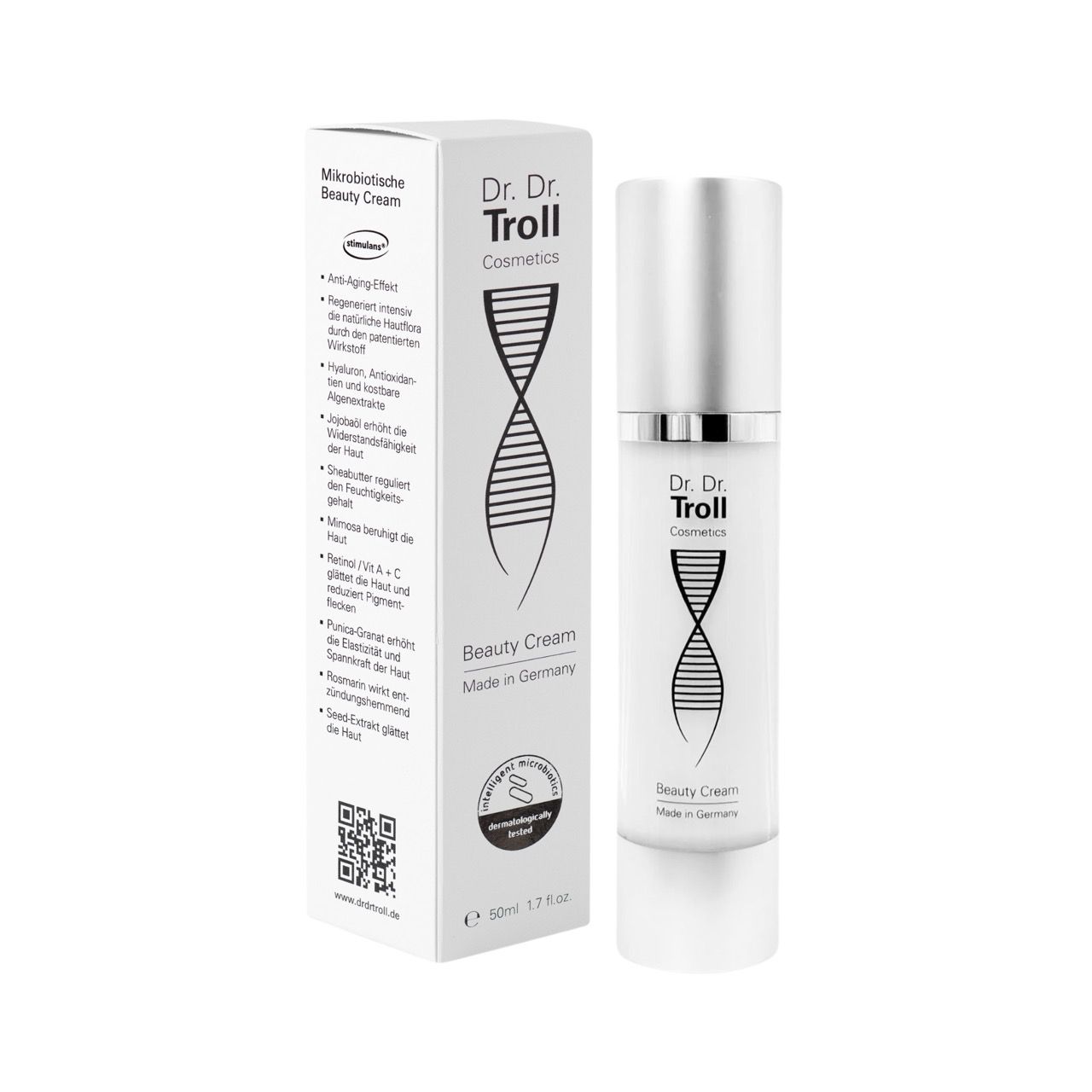 Dr. Dr. Troll Cosmetics Beauty Cream und Verpackung. Weißes Fläschchen mit silbernem Deckel. Aufschrift: Beauty Cream, Made in Germany.