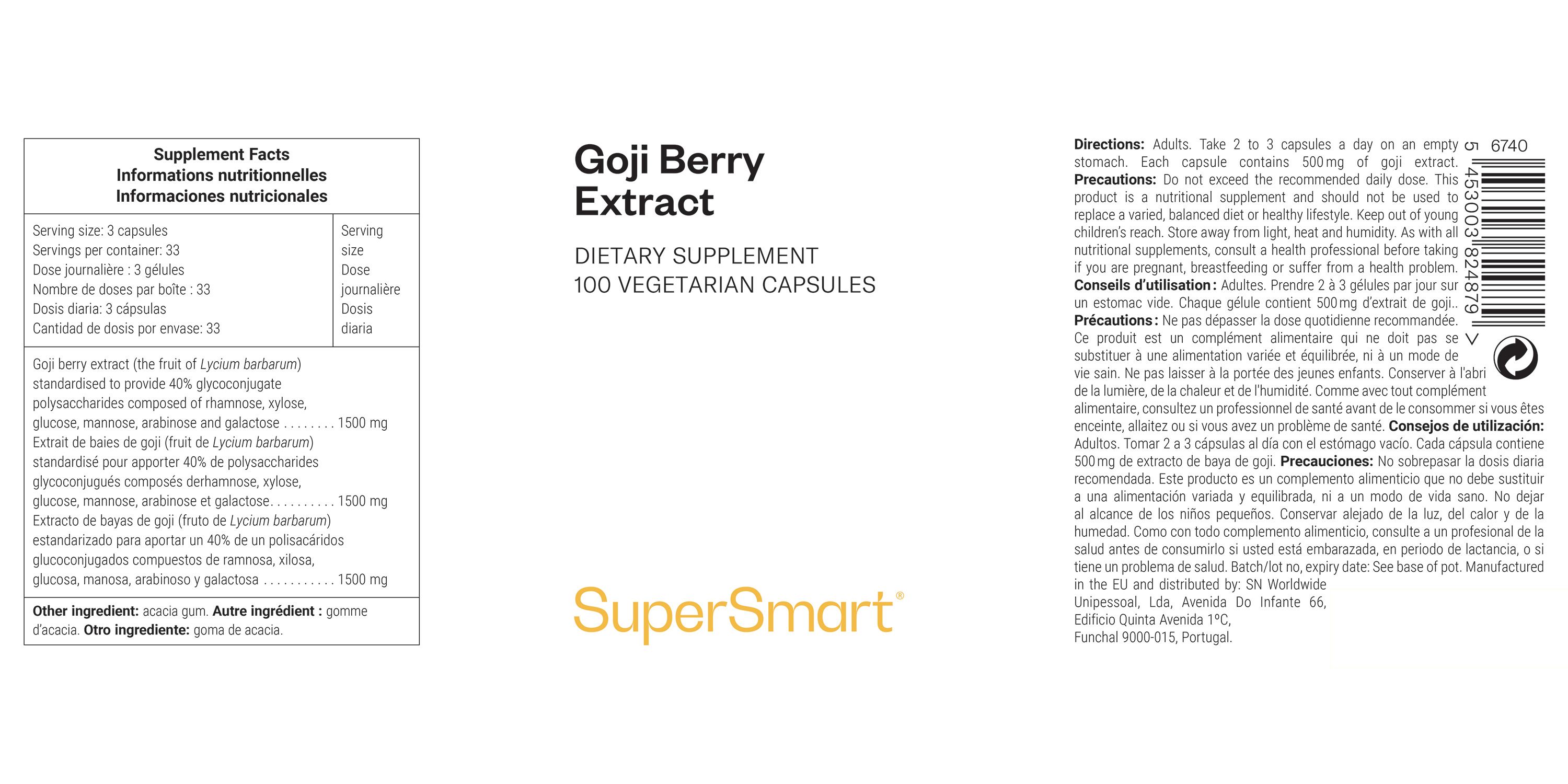 Etikett mit Produktinformationen: Goji Berry Extract, 100 Kapseln, SuperSmart-Logo.
