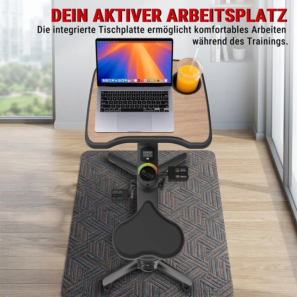 Aktiver Arbeitsplatz mit AsVIVA Desk-Bike H26. Tischplatte für Laptop und Getränk.